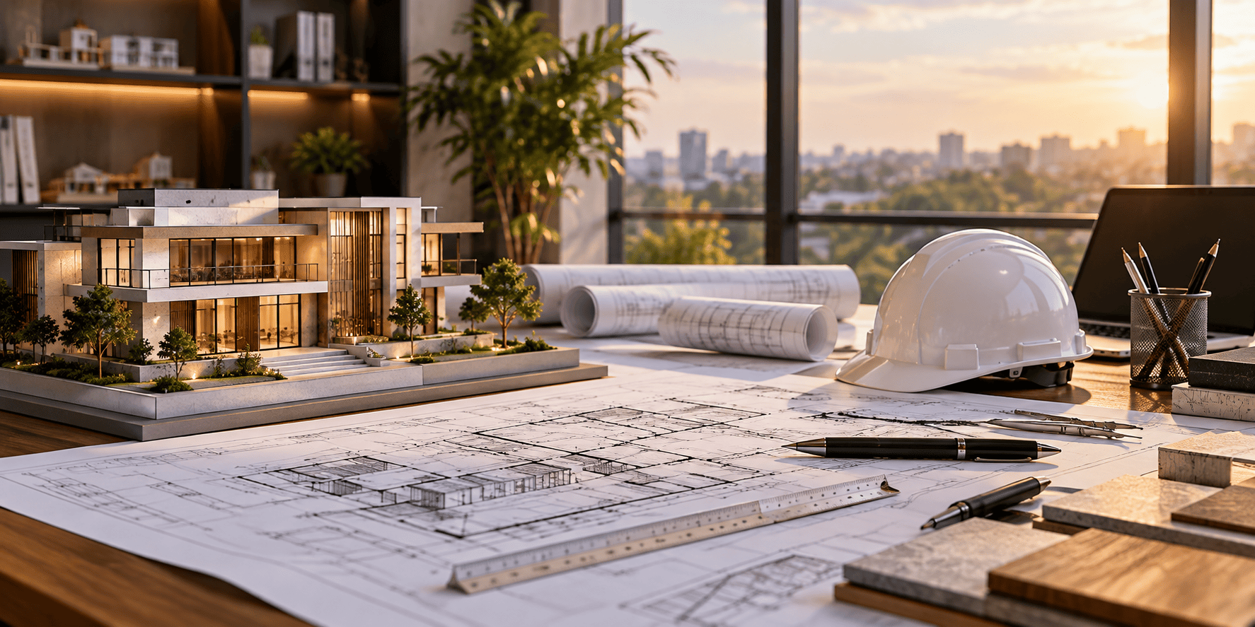 Architectural planning desk and building model